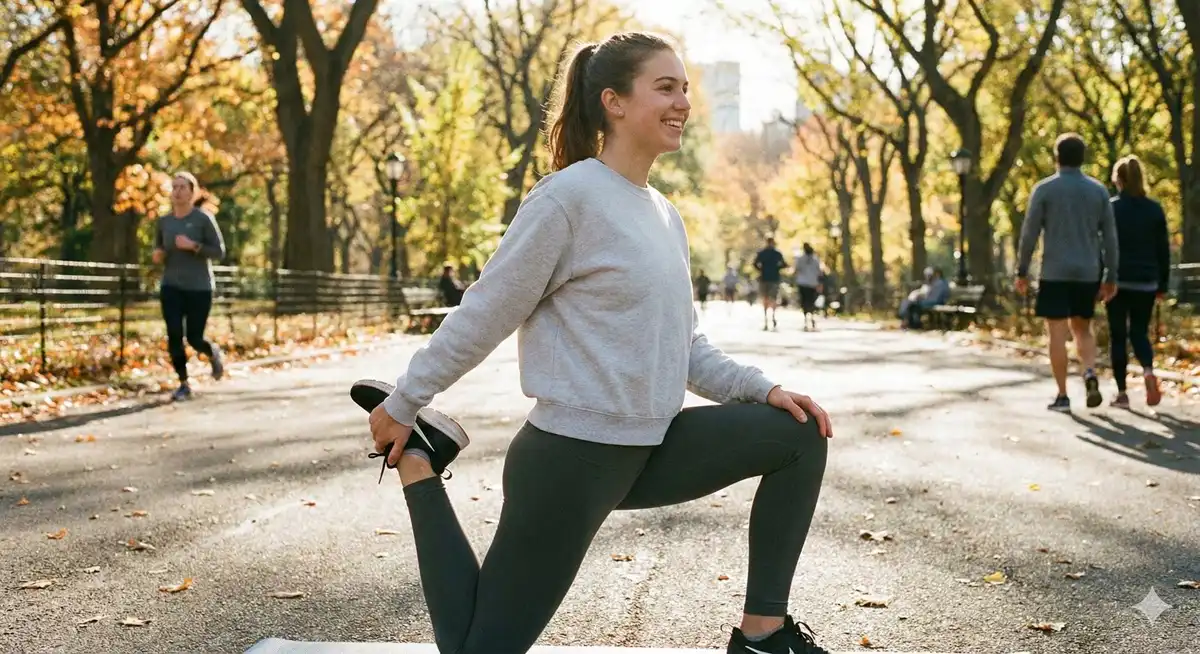 外出先や屋外でも可能な太もものストレッチ。壁や手すりを使わず片足立ちで太もも前側を伸ばし、膝の負担を軽減する様子。