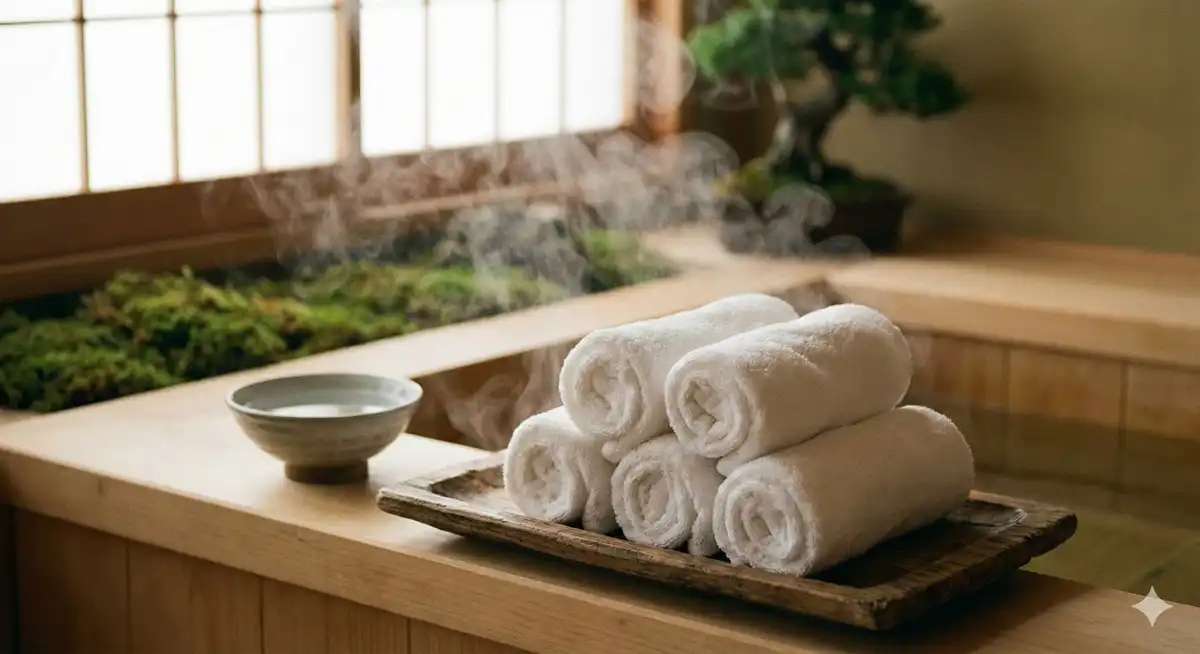 膝の痛みを緩和するための温熱ケア用蒸しタオル。和風で清潔感のある室内イメージ。