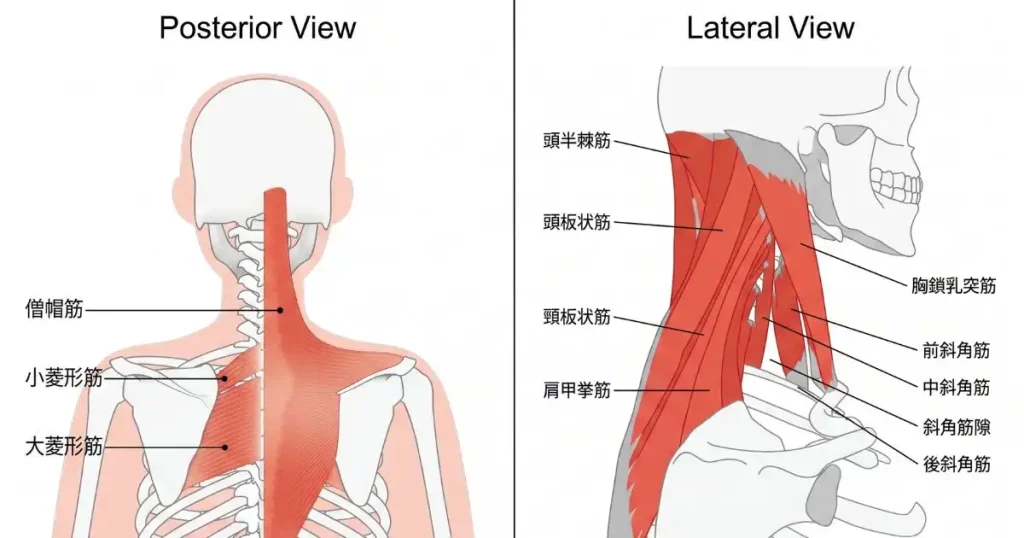 肩こりの原因となる首と肩周りの筋肉（僧帽筋、菱形筋など）と構造の解剖図