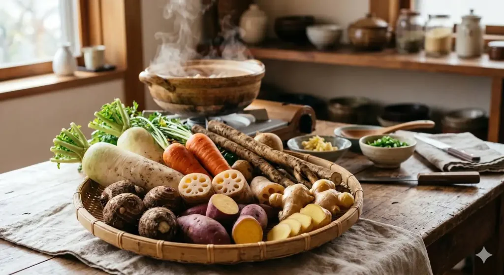 札幌市北区の鍼灸院「札幌クラーク治療院」がおすすめする、春の冷え対策に有効な根菜類（大根、ごぼうなど）。身体を内側から温め、免疫力をサポートします。