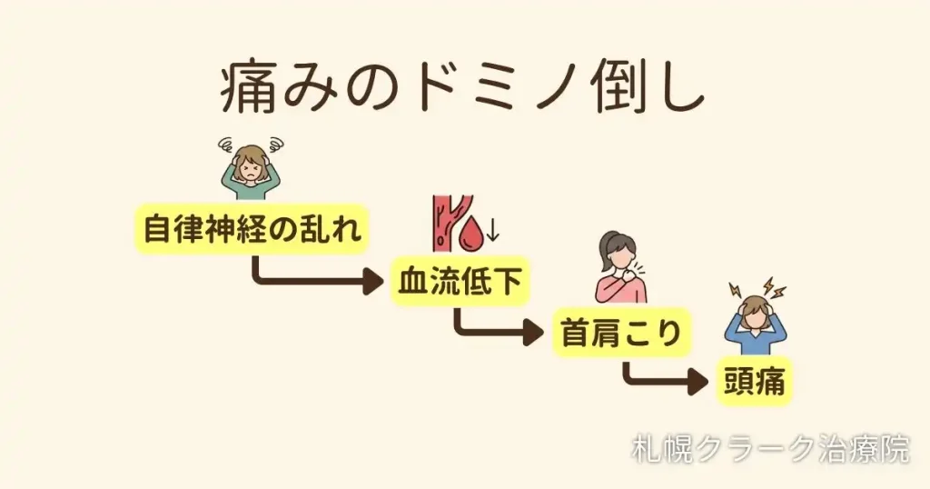自律神経の乱れから肩こり、頭痛へと繋がる痛みのメカニズム図解