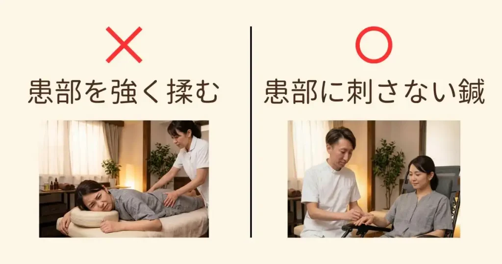 坐骨神経痛に対するマッサージと患部に刺さない鍼のメカニズム比較図