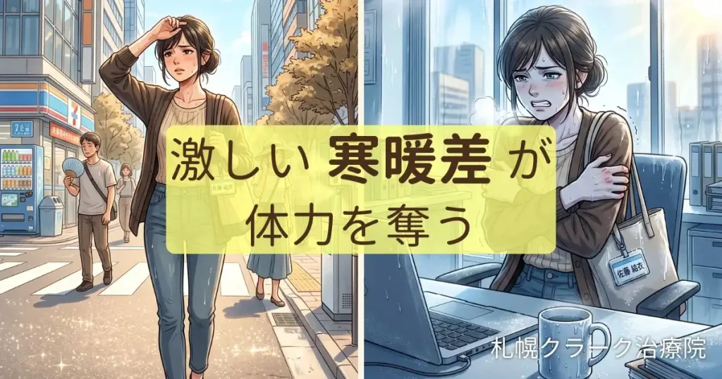 夏の屋外の暑さと室内の冷房による激しい寒暖差のイメージ