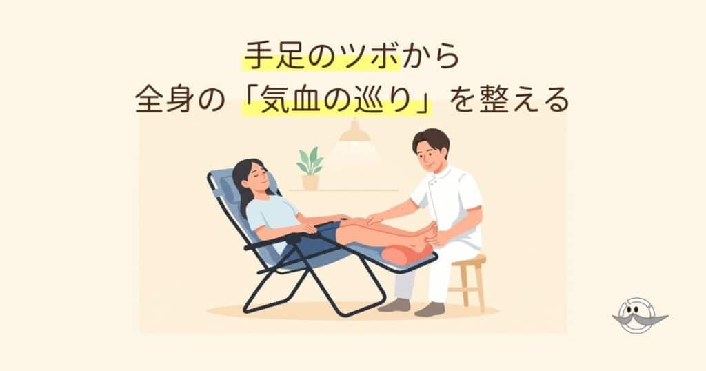 手足のツボを活用して気血の巡りを整える札幌クラーク治療院の温かい施術風景イラスト