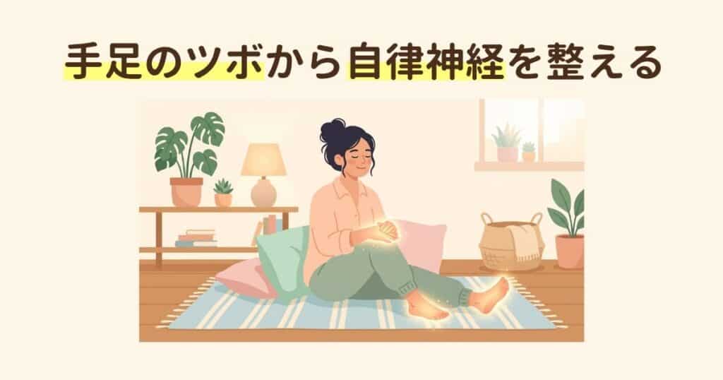 手足のツボから全身がポカポカと温まりリラックスしている女性のイラスト