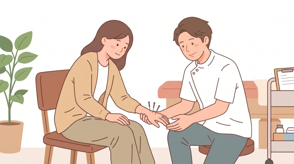 服を着たまま、手のツボに鍼をしている様子