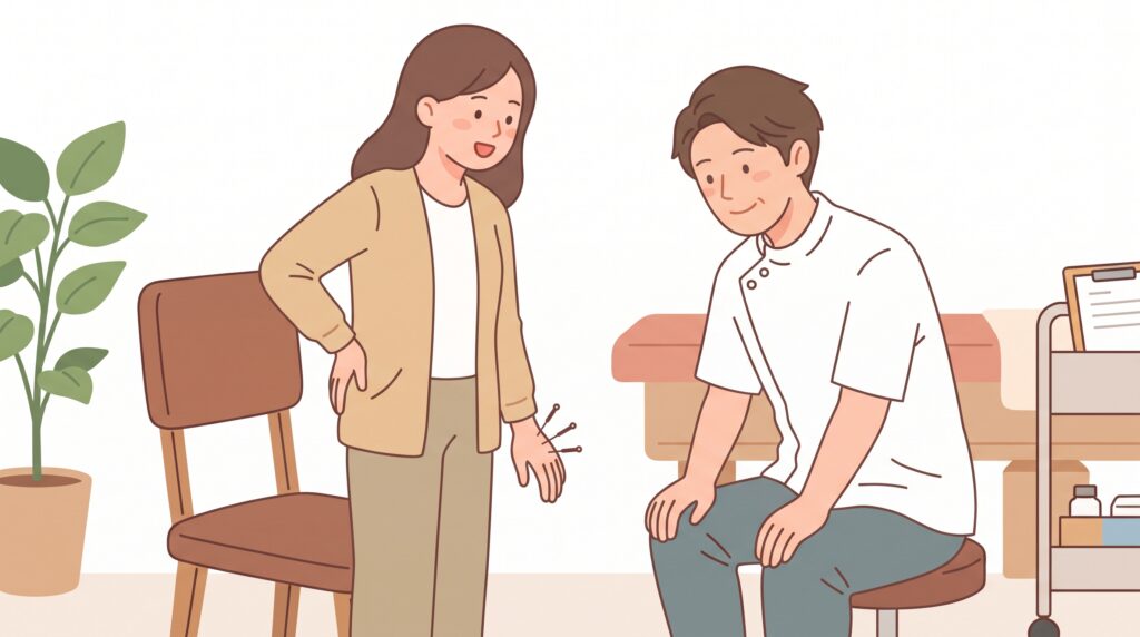 手に鍼をしたまま立ち上がり、腰の痛みの変化を確かめている様子